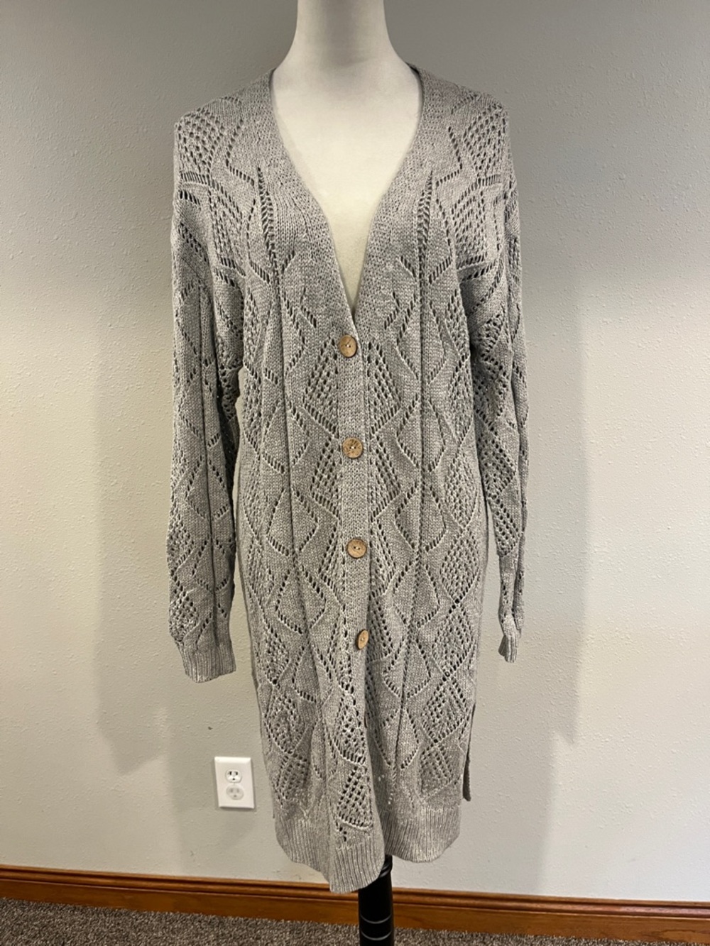 Gray‎ Open-Knit Button Front Women's Cardigan Sweater